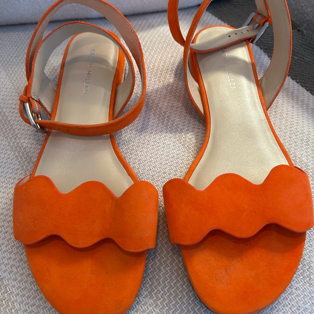 Karen Millen Orange Scalloped Suede Ankle-Strap Sandals